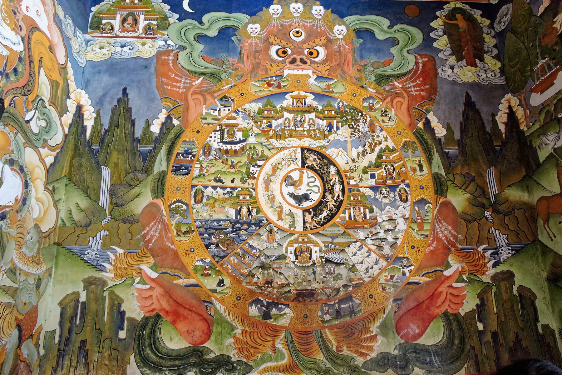 Bhavachakra or the Buddhist Wheel of Life at Tawang Monastery, Tawang, Arunachal Pradesh, India