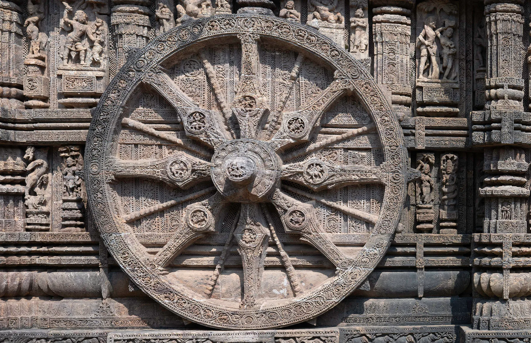 Wheel engraved in the 13th century built Konark Sun Temple in Orissa, India